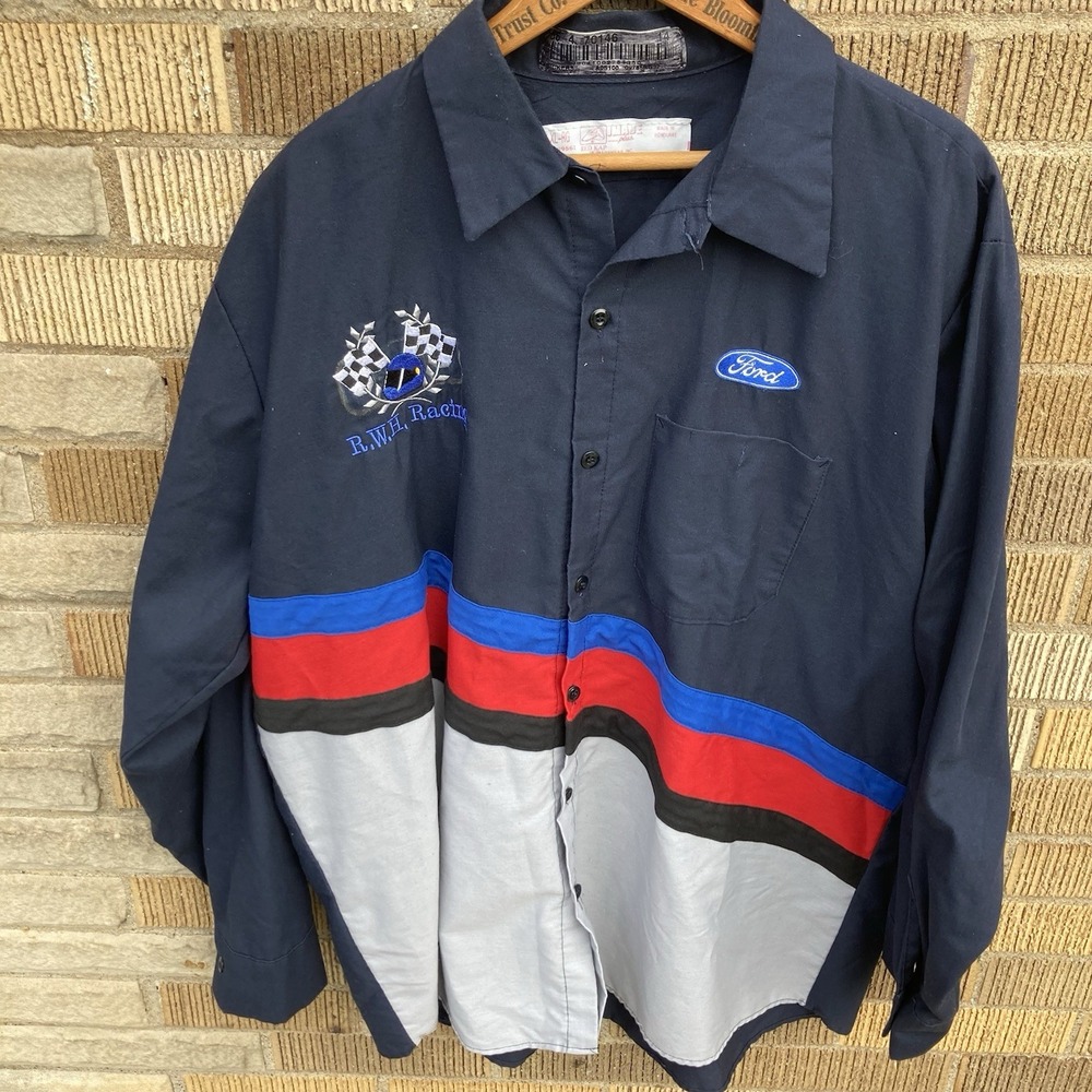 Red Kap XL Ford Mechanic Button Work Shirt Thrashed Vtg RWH Racing Long Sleeve
